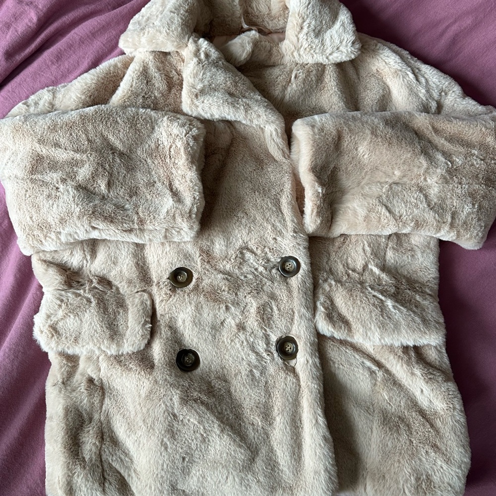 Free People Faux Fur Pea Coat - Cream/Ballerina Pink